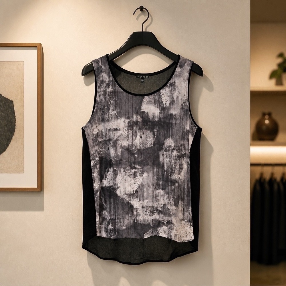 Eileen Fisher Silk Shell Tank Abstract Art Print Quiet Luxe Minimalist Top Large